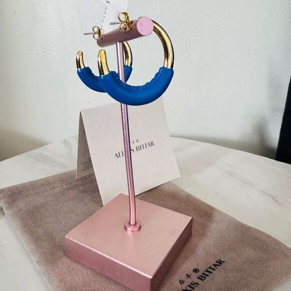 Alexis Bittar Retro Memphis 14K Yellow‎ Goldplated Half-Hoop Earrings, Blue, NWT - Picture 6 of 16